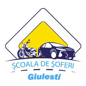 Logo-ul Școlii de Șoferi Giulești, reprezentând un semn de circulație de drum cu prioritate, cu o mașină și o motocicletă în față, și denumirea scolii dedesubt